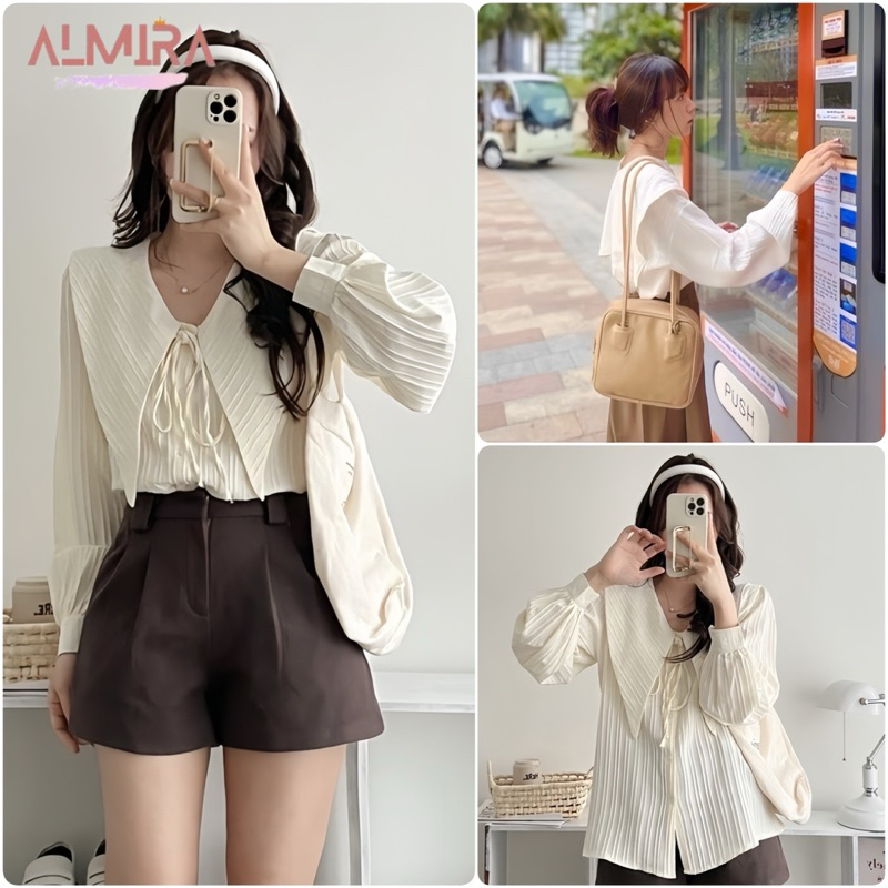 Áo Sơ Mi Cổ Nhọn Đũi Gân Nơ Cổ