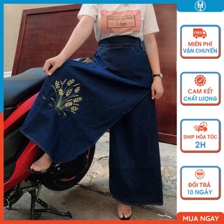 Váy chống nắng xẻ tà jean cao cấp có túi và nút bấm chân thêu Bông lúa JHTX01 H&T FASHION