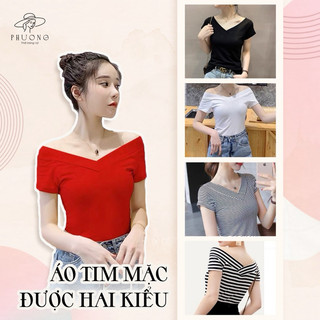 Áo Thun Cổ Tim Liền Vai Chất Thun Gân, Áo 2 Kiểu Tạo Điểm Nhấn Có Size 38kg-70kg