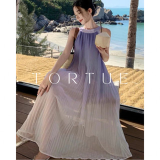 [Sẵn] V302 Đầm váy cổ yếm dài loang màu tím đi biển nhẹ nhàng xuân hè phong cách Pháp Retro Vintage Taobao mới 2024