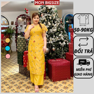 Áo dài cách tân bigsize nữ thiết kế kiểu cổ tròn hoa thêu vải tơ mền mịn kèm quần MON big size 50 - 90kg