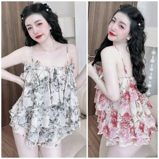 Đồ ngủ gợi cảm pyjama 2 dây quần đùi xinh xắn Lụa mềm mặc mát Đồ ngủ nữ mặc nhà