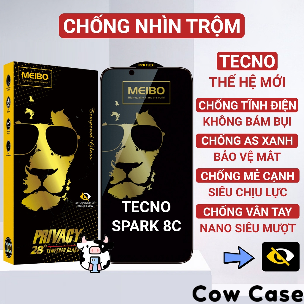 Kính cường lực Tecno Spark 8C chống nhìn trộm full màn | Miếng dán bảo vệ màn hình cho Techno Cowcase