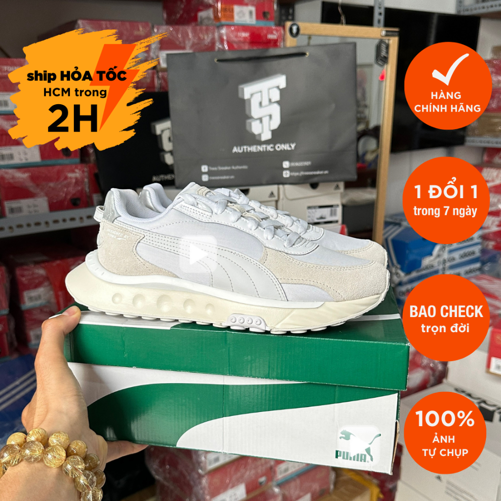 Giày thể thao nam nữ P.u.M-a WILD RIDER KR phản quang màu trắng kem Full Box Tag Chính Hãng