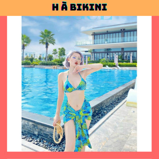 Bikini đò bơi đi biển set ba món lá dứa áo tam giác kèm khăn