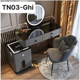 Bàn Phấn, Bàn Trang Điểm Thông Minh nhập khẩu,Sạc Không Dây Gương Led Cảm Ứng 3 màu, Loa Bluetooth, 2 Cổng USB T03