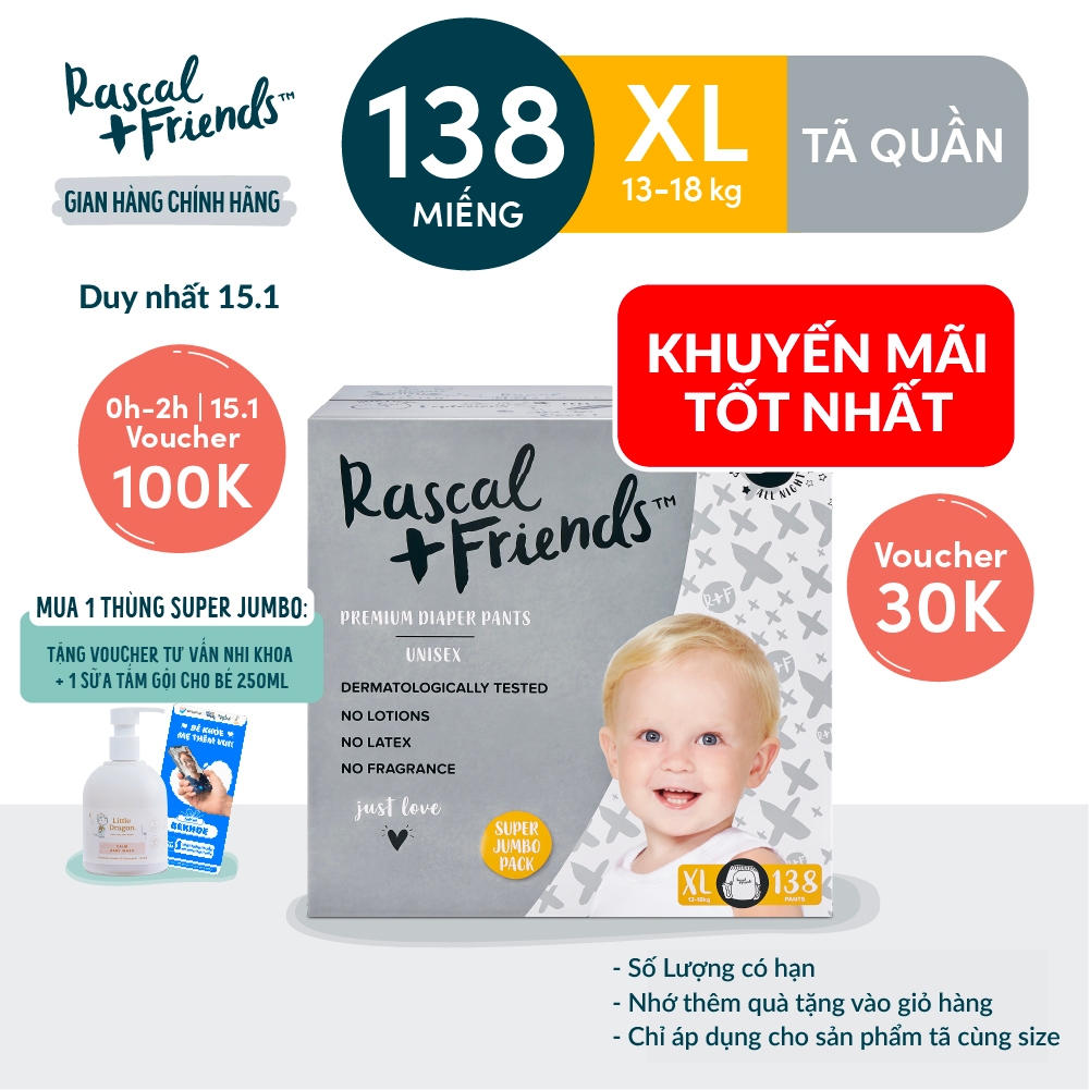 Thùng Tã/Bỉm Quần Rascal + Friends Size XL  138 miếng