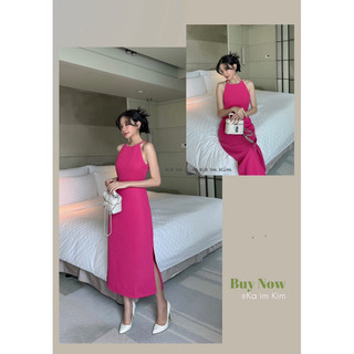 [Ka im Kim] Đầm Cổ Yếm Xếp Ly Dáng Dài Xẻ Tà - Chất Cotton Tuyết Xịn TK02