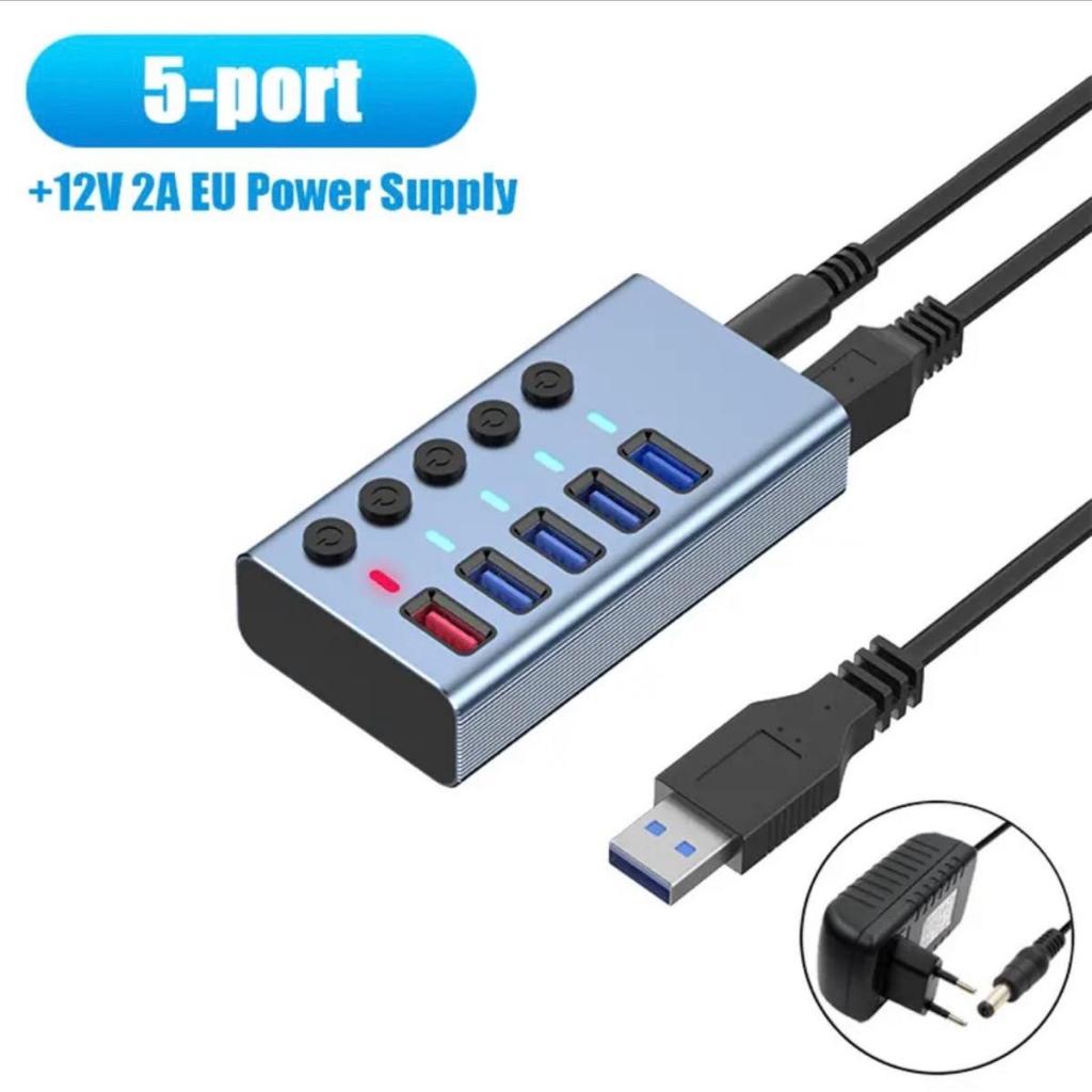 Bộ Chia USB 3.0 5 Cổng, Bộ Mở Rộng Máy Tính, HUB h USB 2.4A, Cổng Sạc Nhanh, Nguồn Điện Ngoài 12V, P