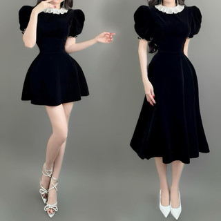 Đầm nhung tay bồng cổ điển dán xoè tiểu thư xinh xắn