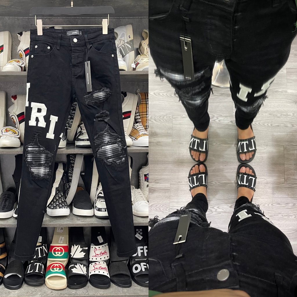 Quần Jean Nam  Amiri Skinny Rách Xước Đùi Gối Vá Vải Nhăn Kẻ Sọc Đen Trắng Phối Thêu Chữ Da Siêu Chấ