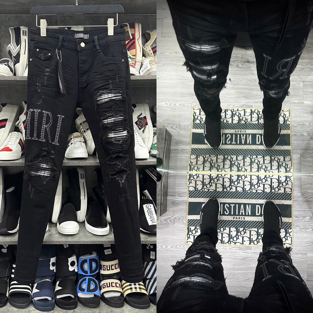 Quần Jean Nam Amiri Skinny Đen Xậm Thêu Chữ Da Đùi Phối Rách Xù Vá Vải Nhăn Sọc Đen Trắng 4 Khuy Boy