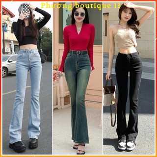  Quần bò jean nữ ống loe đứng rộng suông co giãn jeans cạp cao cao cấp Hottrend 