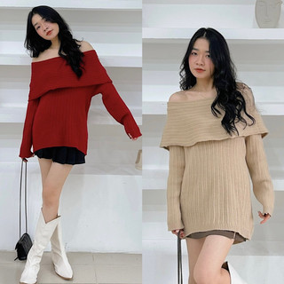 Áo len gân trễ vai dáng dài 9028, áo len nữ hàn quốc