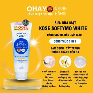 Sữa rửa mặt Kose Softymo White làm sạch sâu, dưỡng trắng da, thành phần dưỡng ẩm gốc tự nhiên tuýp 220gram- Ohayo Shop