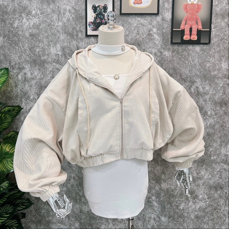 Áo Khoác Croptop Nhung Gân Quảng Châu Cao Cấp tay bồng cánh dơi