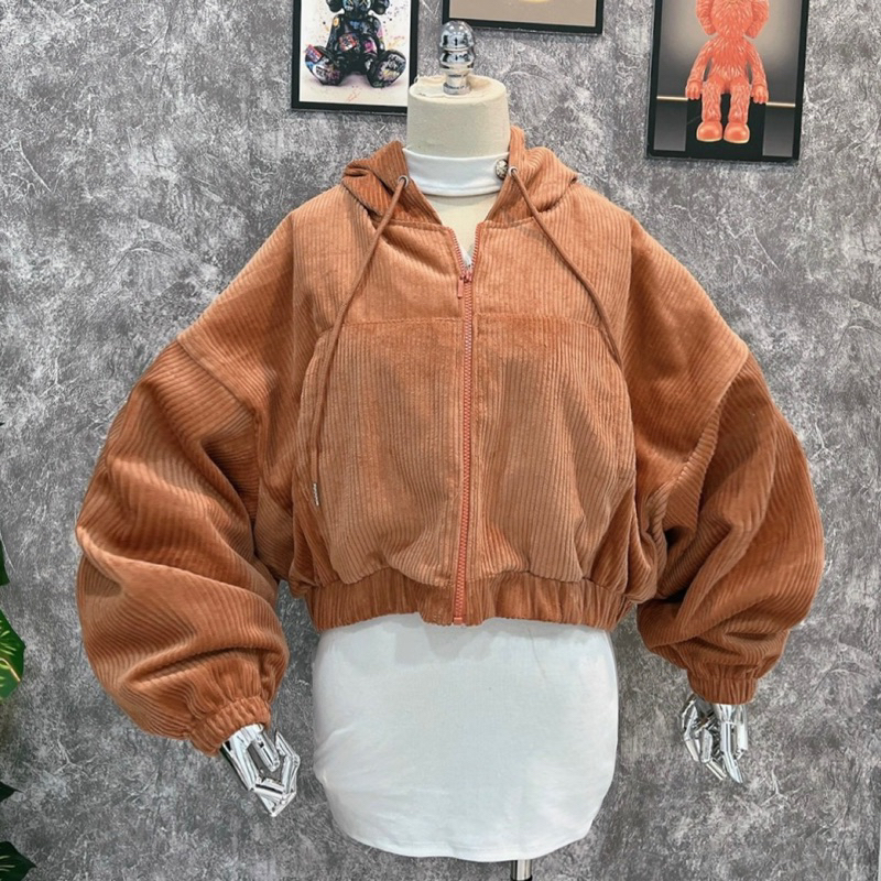 Áo Khoác Croptop Nhung Gân Quảng Châu Cao Cấp tay bồng cánh dơi