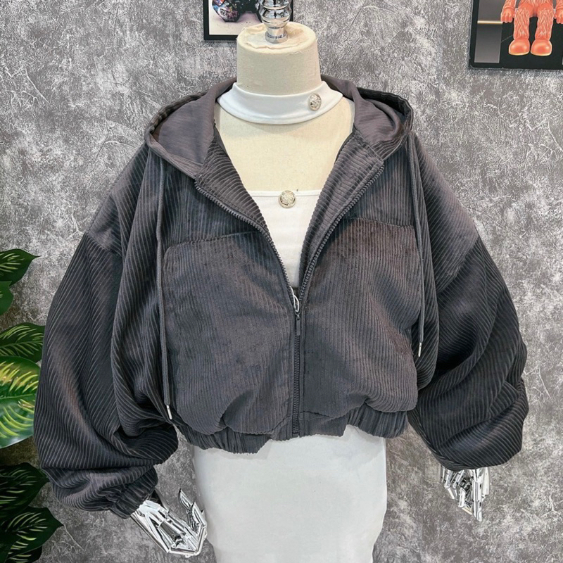 Áo Khoác Croptop Nhung Gân Quảng Châu Cao Cấp tay bồng cánh dơi
