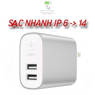 Bộ sạc nhanh USB chính hãng Belkin dành cho điện thoại, 2 cổng sạc siêu nhanh, bảo hành 6 tháng