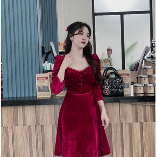 Váy tiểu thư váy nhung đỏ dáng dài dự tiệc đón Tết siêu xinh