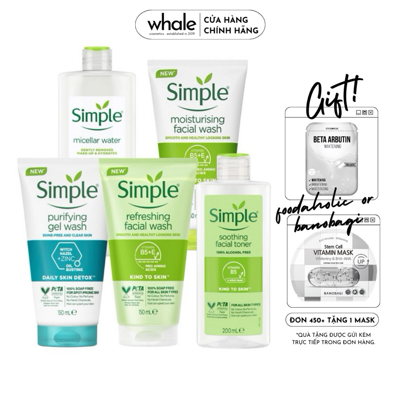 Bộ simple nước tẩy trang simple 200ml + sữa rửa mặt dành cho da nhạy cảm simple 150ml + nước hoa hồng simple 200ml