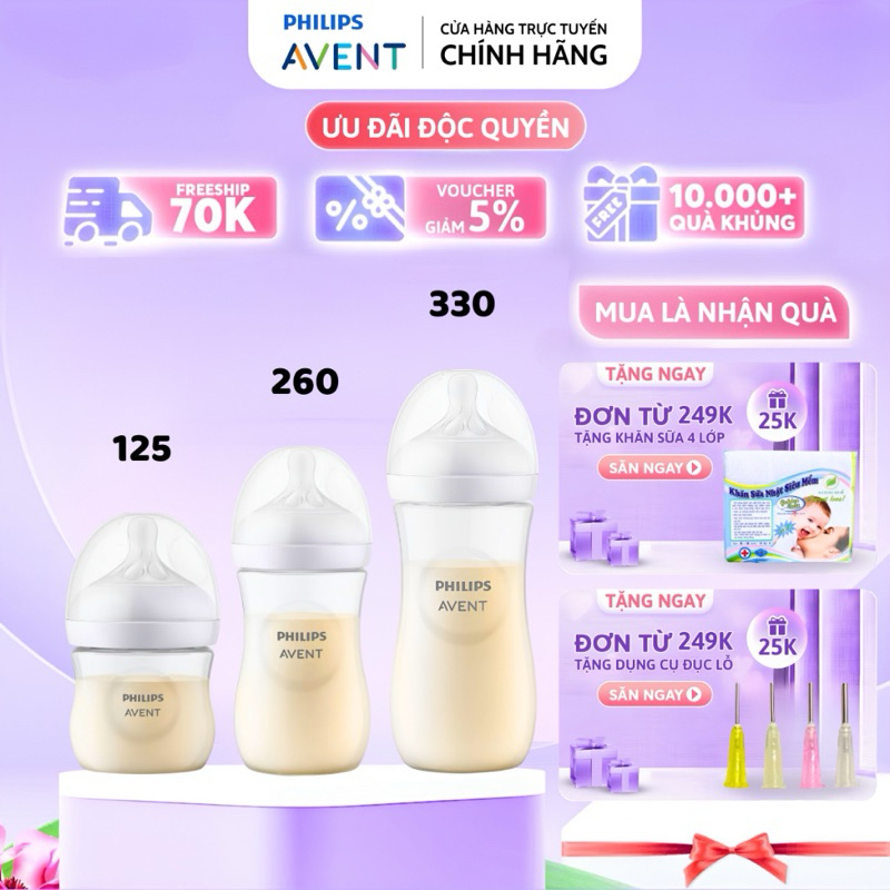 Bình Sữa Cho Bé Avent Philips Cổ Rộng, Bình Avent Natural Mô Phỏng Tự Nhiên Chống Đầy Hơi Chính Hãng