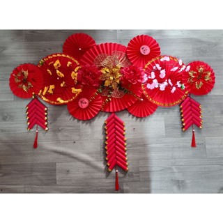 Set quạt giấy nhung đỏ treo tường trang trí tết