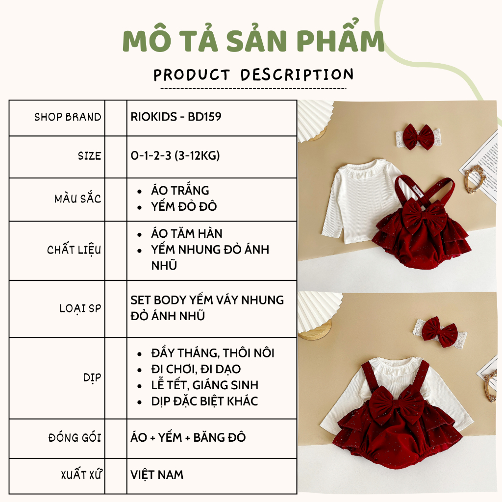 Body yếm váy nhung đỏ ánh nhũ RIOKIDS, quần áo đầy tháng cho bé gái sơ sinh BD159