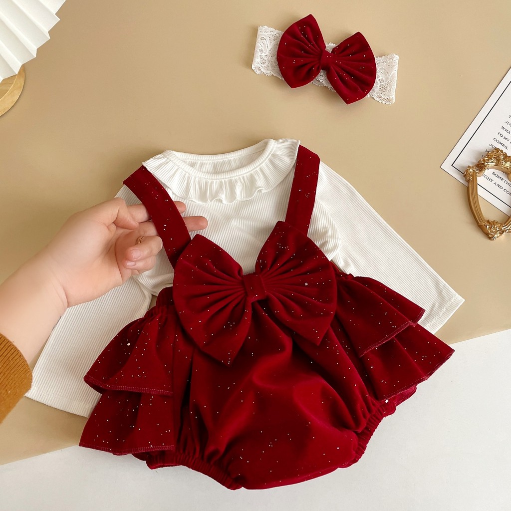 Body yếm váy nhung đỏ ánh nhũ RIOKIDS, quần áo đầy tháng cho bé gái sơ sinh BD159