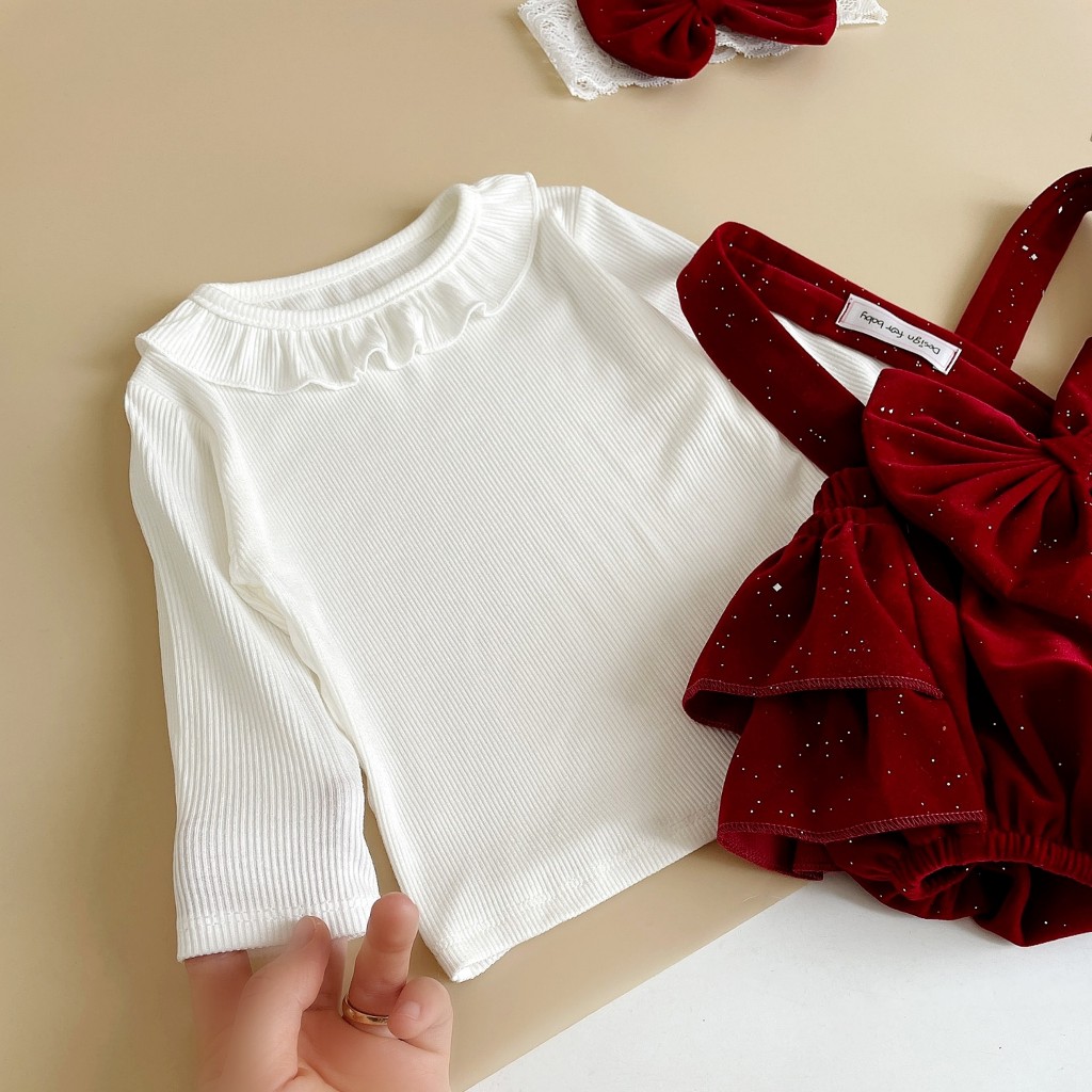 Body yếm váy nhung đỏ ánh nhũ RIOKIDS, quần áo đầy tháng cho bé gái sơ sinh BD159