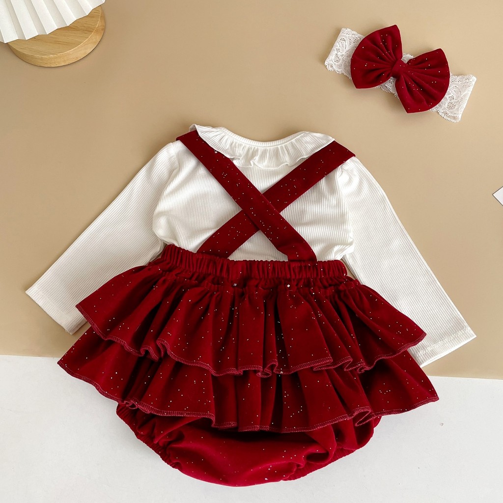 Body yếm váy nhung đỏ ánh nhũ RIOKIDS, quần áo đầy tháng cho bé gái sơ sinh BD159