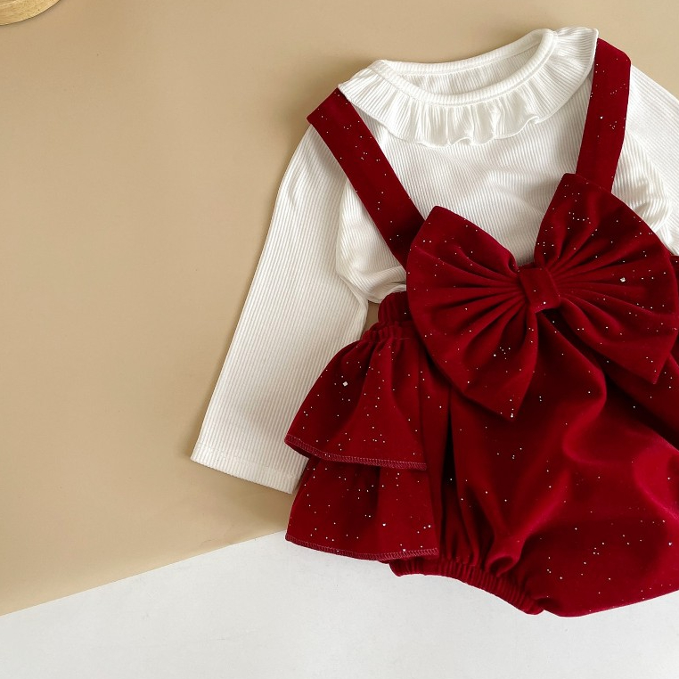 Body yếm váy nhung đỏ ánh nhũ RIOKIDS, quần áo đầy tháng cho bé gái sơ sinh BD159