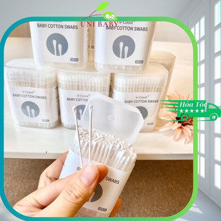 Tăm bông Vcool cho bé sơ sinh và trẻ em hộp 200 que 2 đầu dẹt và tròn, thân giấy mềm mại date mới