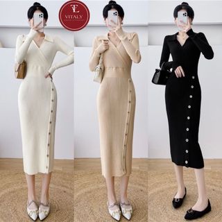 Váy len body cổ bẻ, Váy len body dáng dài phối cúc trẻ trung, Chất liệu len mềm mại, Co giãn tốt, Tôn dáng NT30