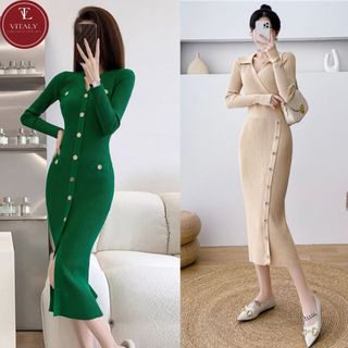 Váy len body dáng dài, Váy len dáng dài phối cúc. Chất liệu len quảng châu cao cấp. mềm mại, Không xù luông NT33