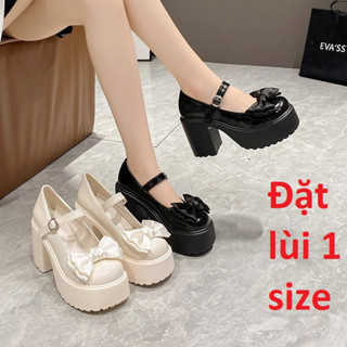 Lấy lùi 1 size / Giày búp bê nữ quai cài ôm chân - giày nữ đế độn 9p da mềm thời trang cao cấp Hàng QC Lolita 9p mũi nơ)