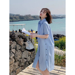  Đầm sơ mi nữ Tiehouse màu xanh biển đầm form rộng cổ sơmi đầm suông sơ mi 