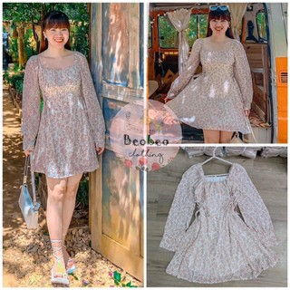 [Ảnh thật] Đầm voan hoa cổ u tay bo phồng đan dây eo vintage