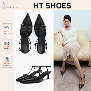 Giày sandal cao gót ZR mũi nhọn phối quai khoá mảnh lạ mắt đế nhọn cao 3cm phong cách Retro công sở cá tính Fullbx #1777
