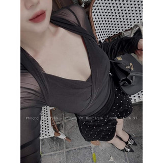 Áo Thun Lưới Nhún Eo Cổ Tim Form Ôm