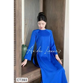 Áo dài cách tân dáng suông cổ tròn tay dài màu xanh navy Cam store, áo dài dáng xưa lụa mềm mịn