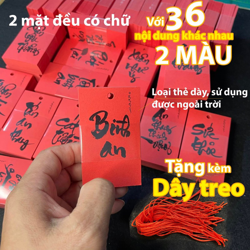 Thẻ treo cây đào phong thuỷ, nét viết tay , 36 thẻ 2 mặt chữ, tặng kèm dây, 36 nội dung khác nhau