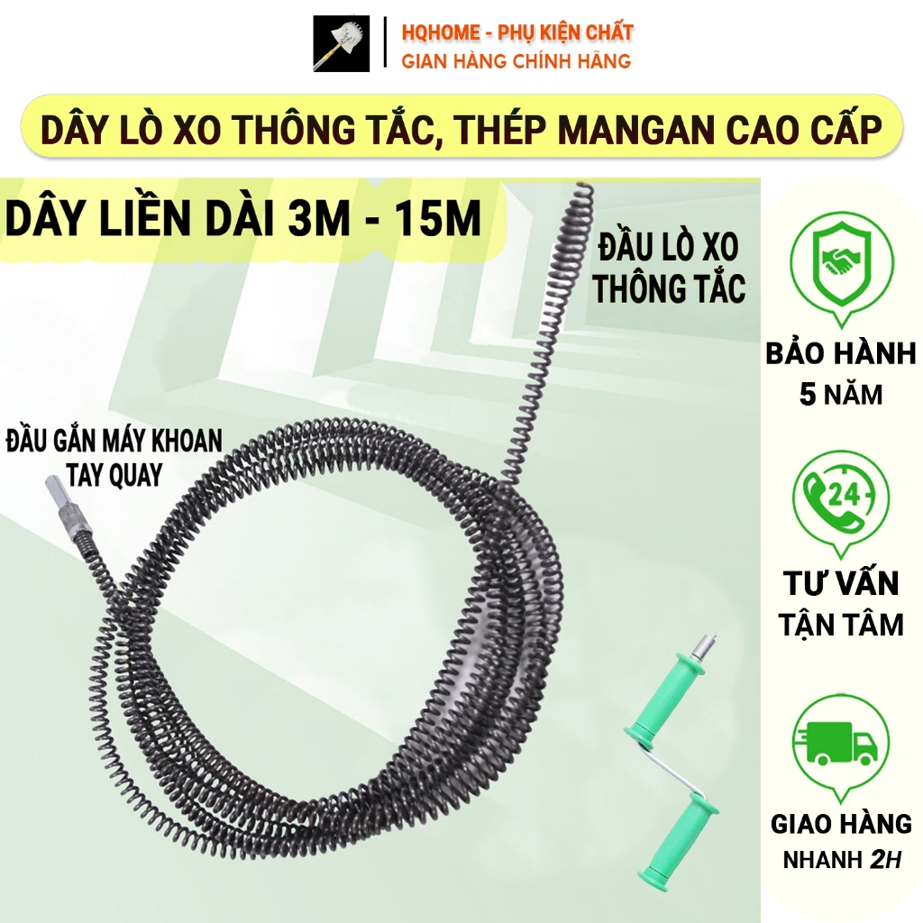 Dây lò xo thông tắc cống, thông bồn cầu thép Mangan chống gỉ siêu bền 3m - 15m lắp cùng máy khoan đã có đầu nối tay quay