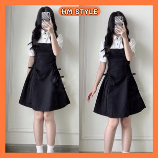 Váy sơ mi đan eo xinh xắn, đầm nữ màu đen phổi cổ sơ mi trắng chất lụa cát HV262 HMStyle
