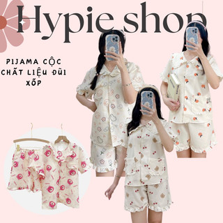 Bộ ngủ pyjama cổ vét chất đũi xốp in hình cute