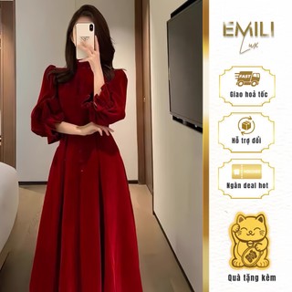 Váy xòe dáng dài Emili cổ lọ tay bồng chất nhung tuyết 