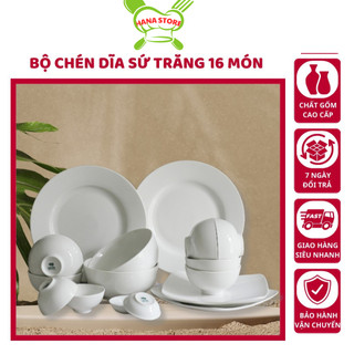 Tô Chén sứ trắng đầy đủ, Set bát đĩa tô chén ăn cơm gia đình sứ tráng men xuất khẩu, cao cấp