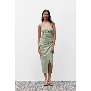 Order đầm xuất dư ZA nữ Đầm midi vải pha linen xếp nếp