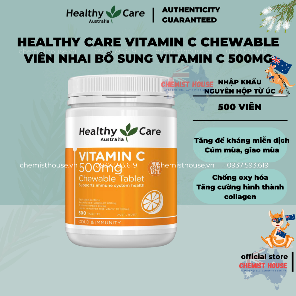 [Hàng Chuấn Úc] Viên C Hỗ Trợ Giảm Các Triệu Chứng Do Cảm Lạnh TĂNG ĐỀ KHÁNG Healthy Care Vitamin C 500mg Chewable