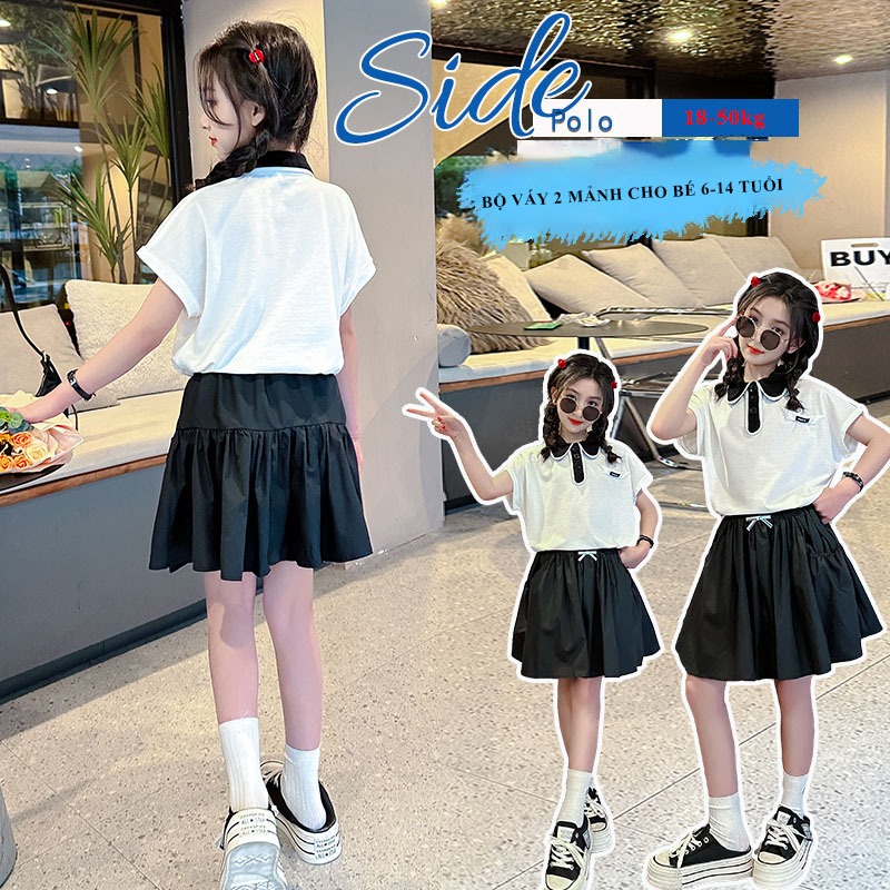 Set váy áo cổ polo mix chân váy umi 18-50kg cho bé gái từ 6-16 tuổi, Set váy đầm thời trang phong cách cho bé